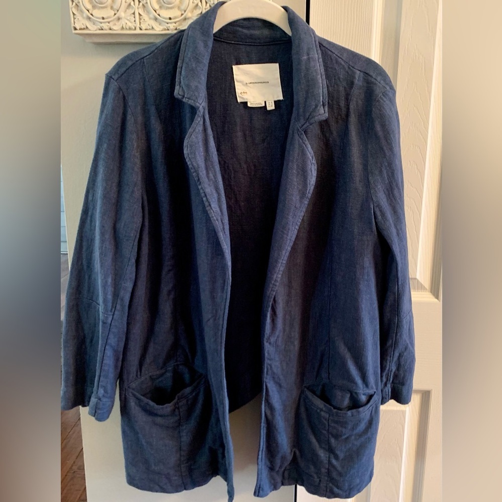 Anthropologie Blue Linen Blend Unstructured Tulip Back Blazer - SZ 2 - Picture 5 of 11
